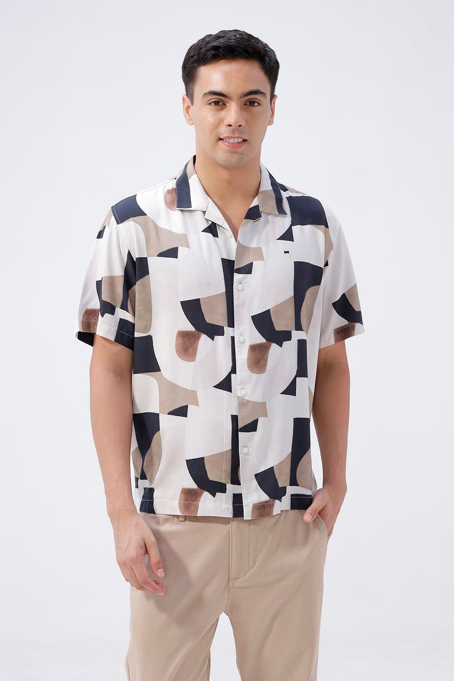 BASICS RELAXED FIT CHARCOAL BLACK COTTON VISCOSE DIGITAL PRINTED HALFSLEEVES SHIRT