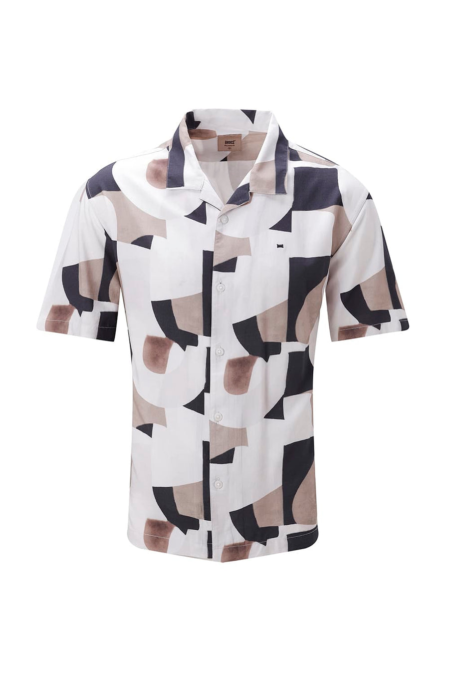 BASICS RELAXED FIT CHARCOAL BLACK COTTON VISCOSE DIGITAL PRINTED HALFSLEEVES SHIRT