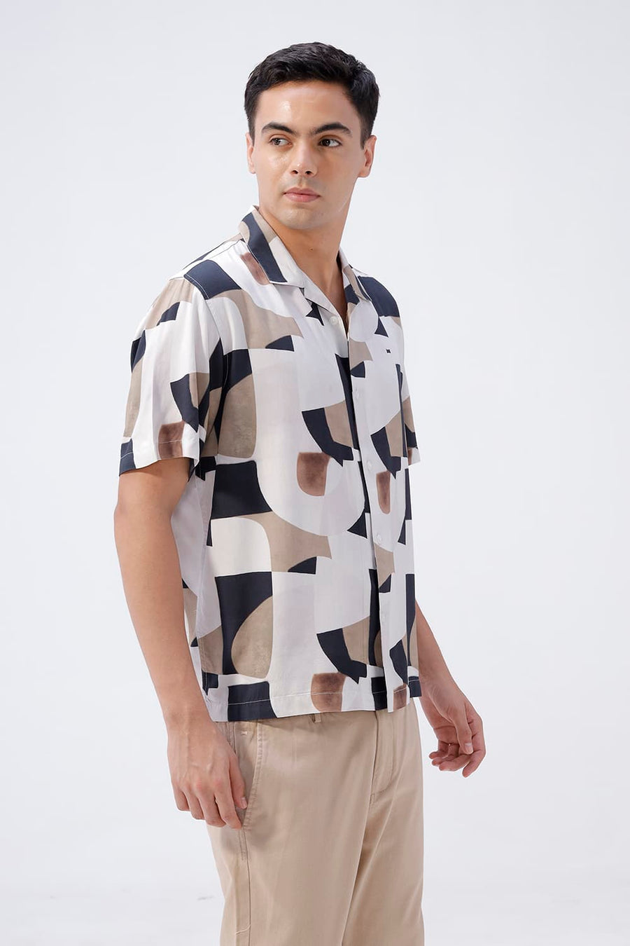 BASICS RELAXED FIT CHARCOAL BLACK COTTON VISCOSE DIGITAL PRINTED HALFSLEEVES SHIRT