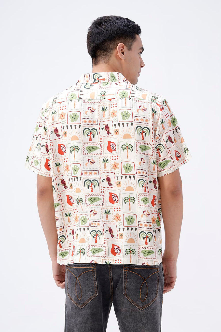 BASICS RELAXED FIT ARCTIC PEACH COTTON VISCOSE DIGITAL PRINTED HALFSLEEVES SHIRT