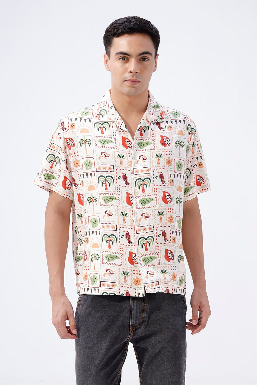BASICS RELAXED FIT ARCTIC PEACH COTTON VISCOSE DIGITAL PRINTED HALFSLEEVES SHIRT