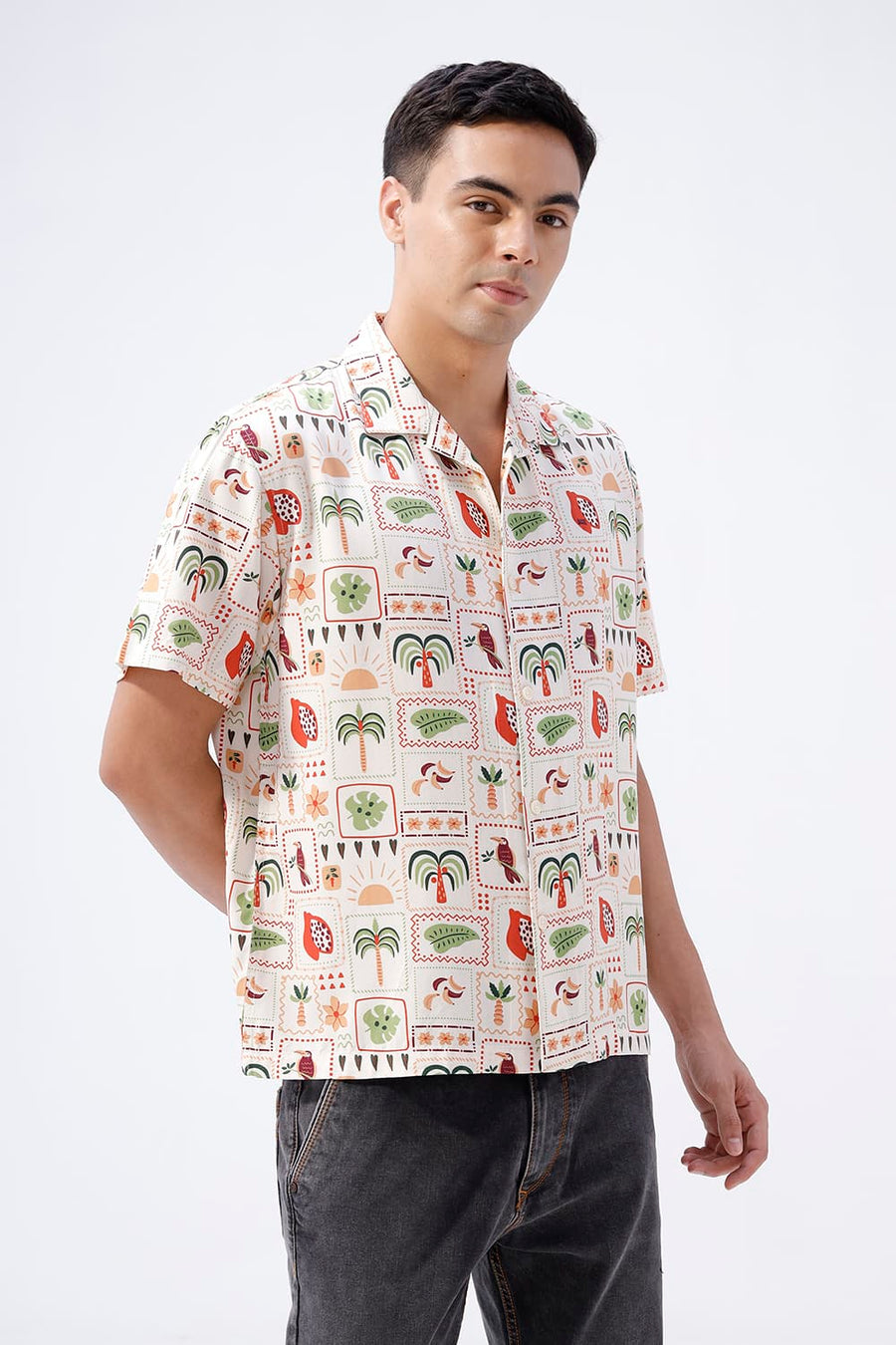 BASICS RELAXED FIT ARCTIC PEACH COTTON VISCOSE DIGITAL PRINTED HALFSLEEVES SHIRT