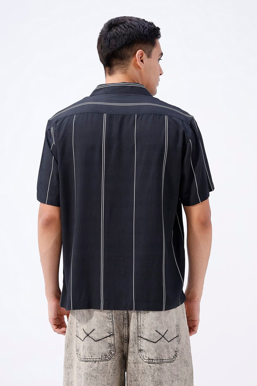 BASICS RELAXED FIT NAVY SEA COTTON VISCOSE DIGITAL PRINTED HALFSLEEVES SHIRT