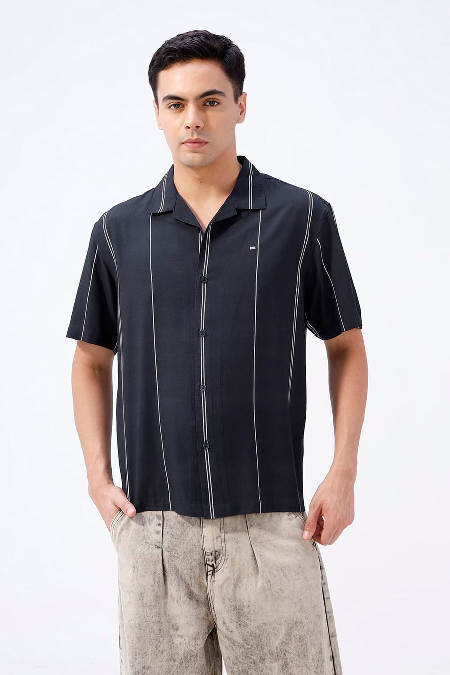 BASICS RELAXED FIT NAVY SEA COTTON VISCOSE DIGITAL PRINTED HALFSLEEVES SHIRT