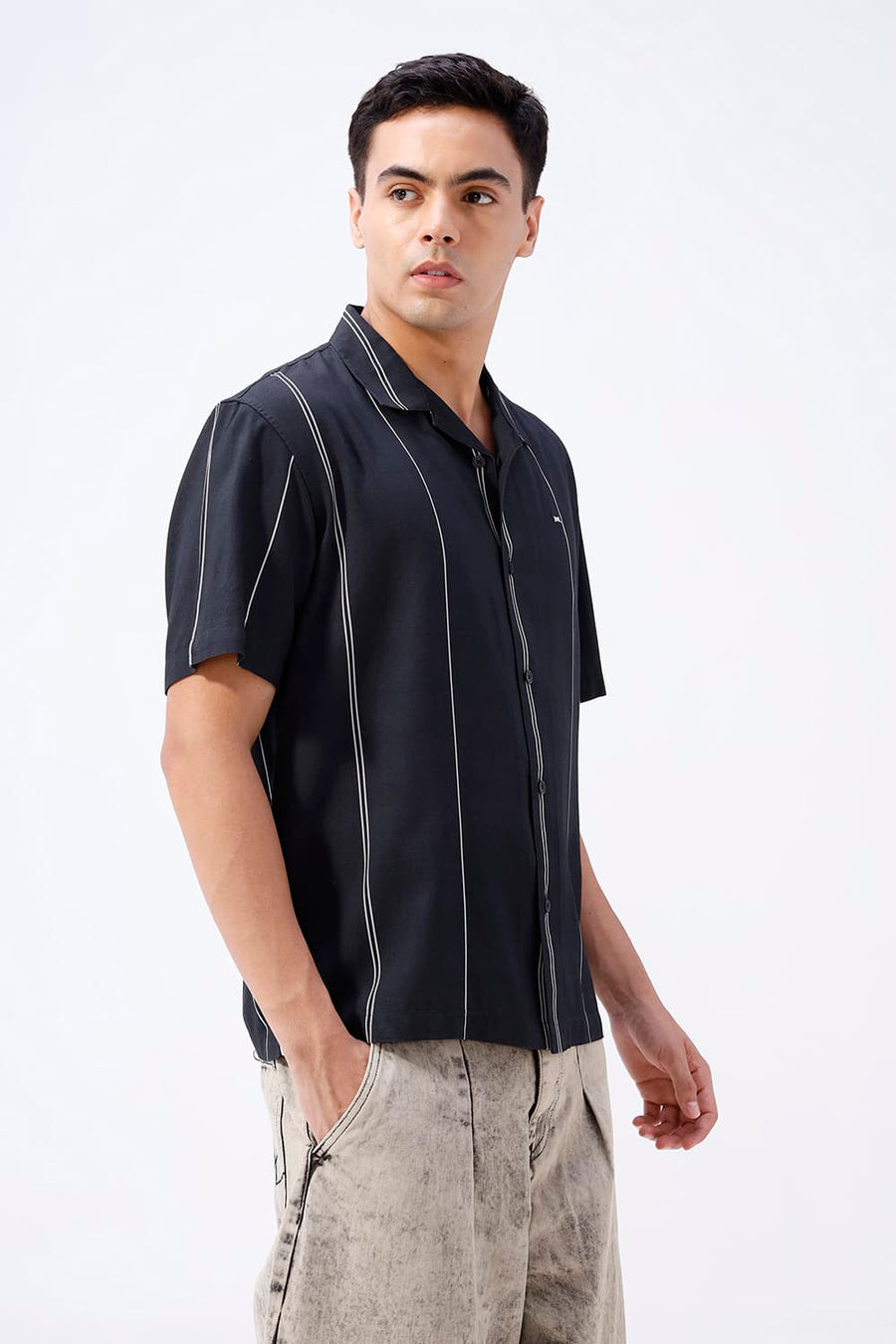 BASICS RELAXED FIT NAVY SEA COTTON VISCOSE DIGITAL PRINTED HALFSLEEVES SHIRT