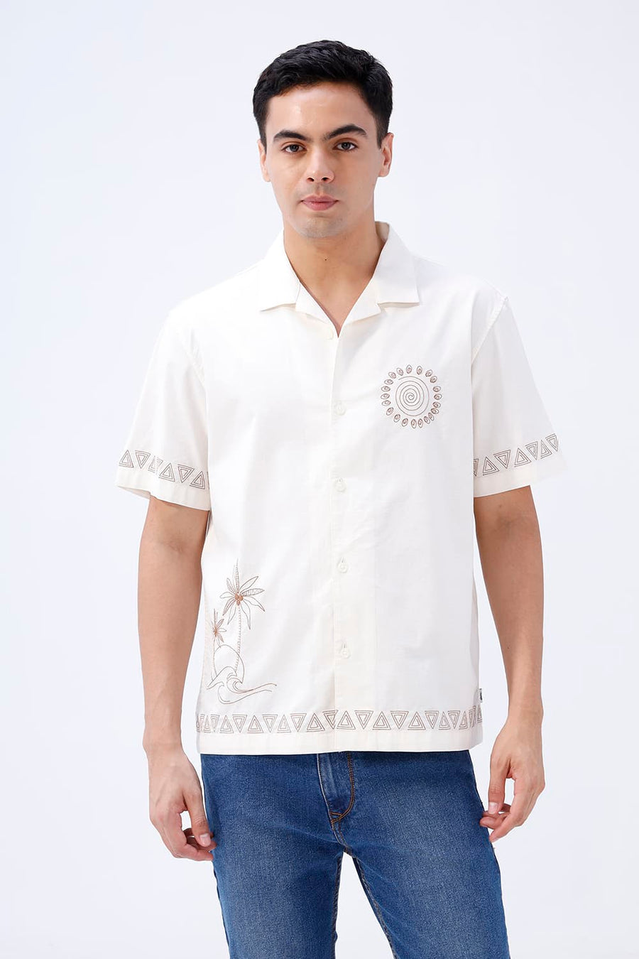 BASICS RELAXED FIT PRISTINE OFFWHITE COTTON SLUB DOBBY HALFSLEEVES SHIRT