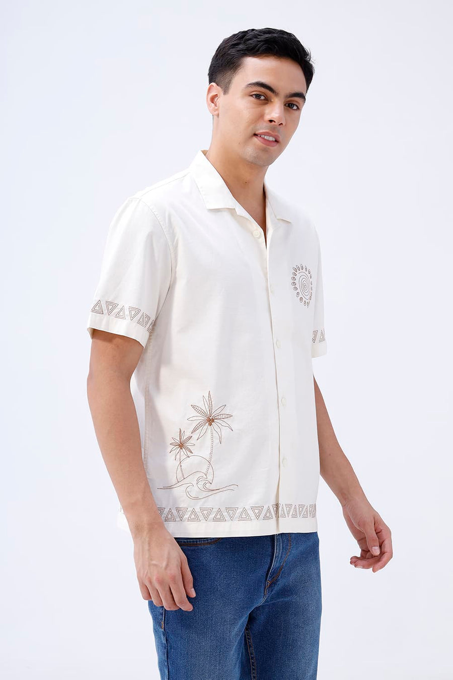 BASICS RELAXED FIT PRISTINE OFFWHITE COTTON SLUB DOBBY HALFSLEEVES SHIRT