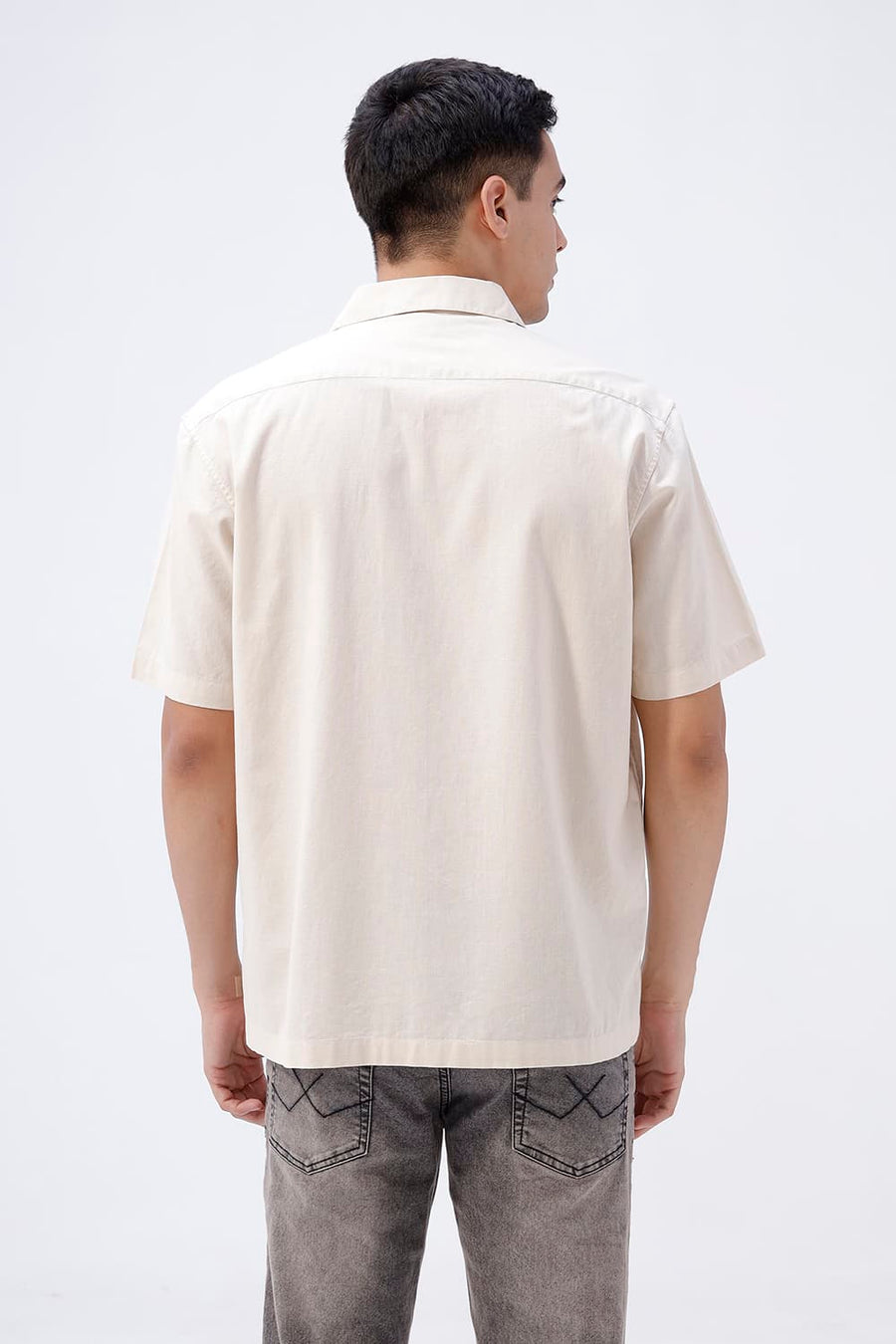 BASICS RELAXED FIT SANDSHELL BEIGE COTTON LINEN HALFSLEEVES SHIRT