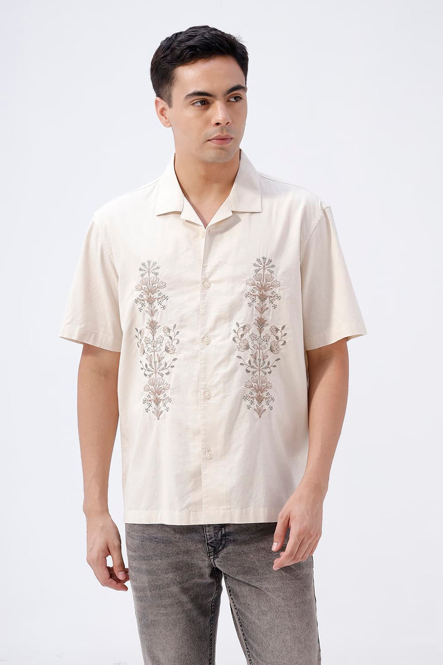 BASICS RELAXED FIT SANDSHELL BEIGE COTTON LINEN HALFSLEEVES SHIRT