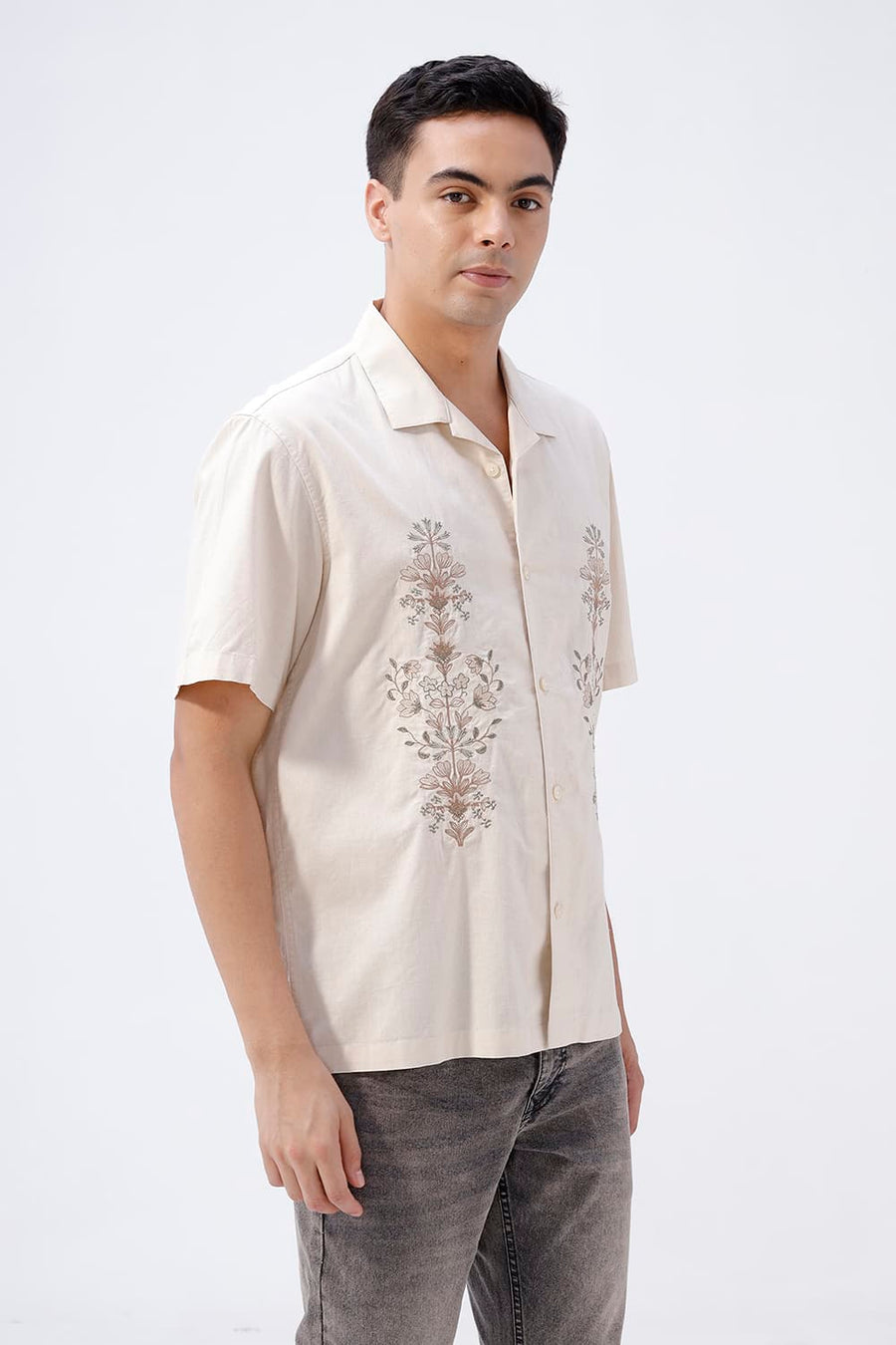 BASICS RELAXED FIT SANDSHELL BEIGE COTTON LINEN HALFSLEEVES SHIRT