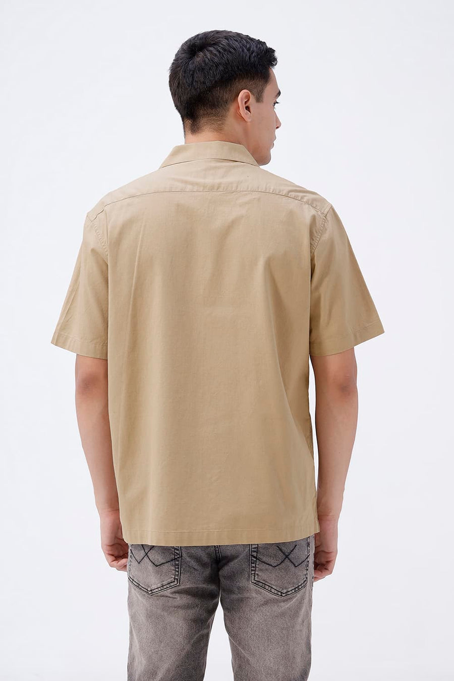 BASICS RELAXED FIT SESAME BROWN COTTON LINEN HALFSLEEVES SHIRT