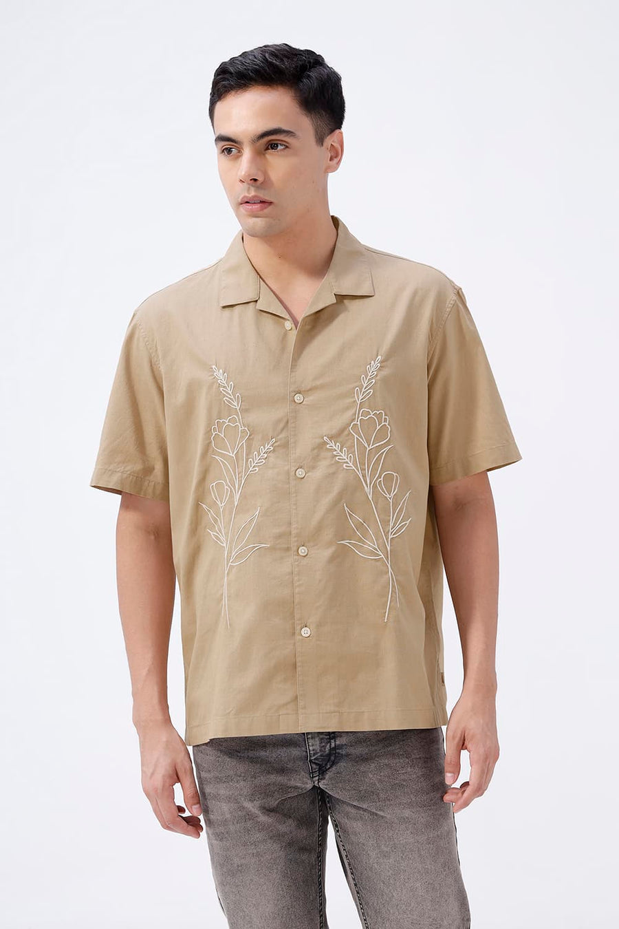 BASICS RELAXED FIT SESAME BROWN COTTON LINEN HALFSLEEVES SHIRT