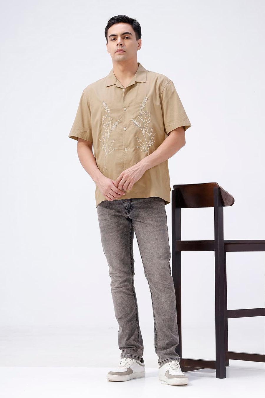 BASICS RELAXED FIT SESAME BROWN COTTON LINEN HALFSLEEVES SHIRT