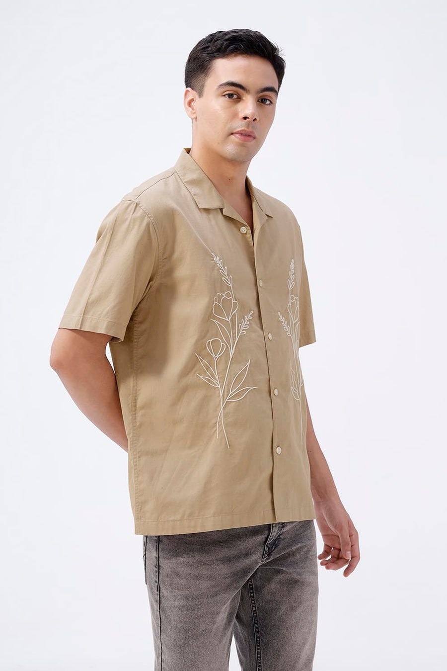 BASICS RELAXED FIT SESAME BROWN COTTON LINEN HALFSLEEVES SHIRT