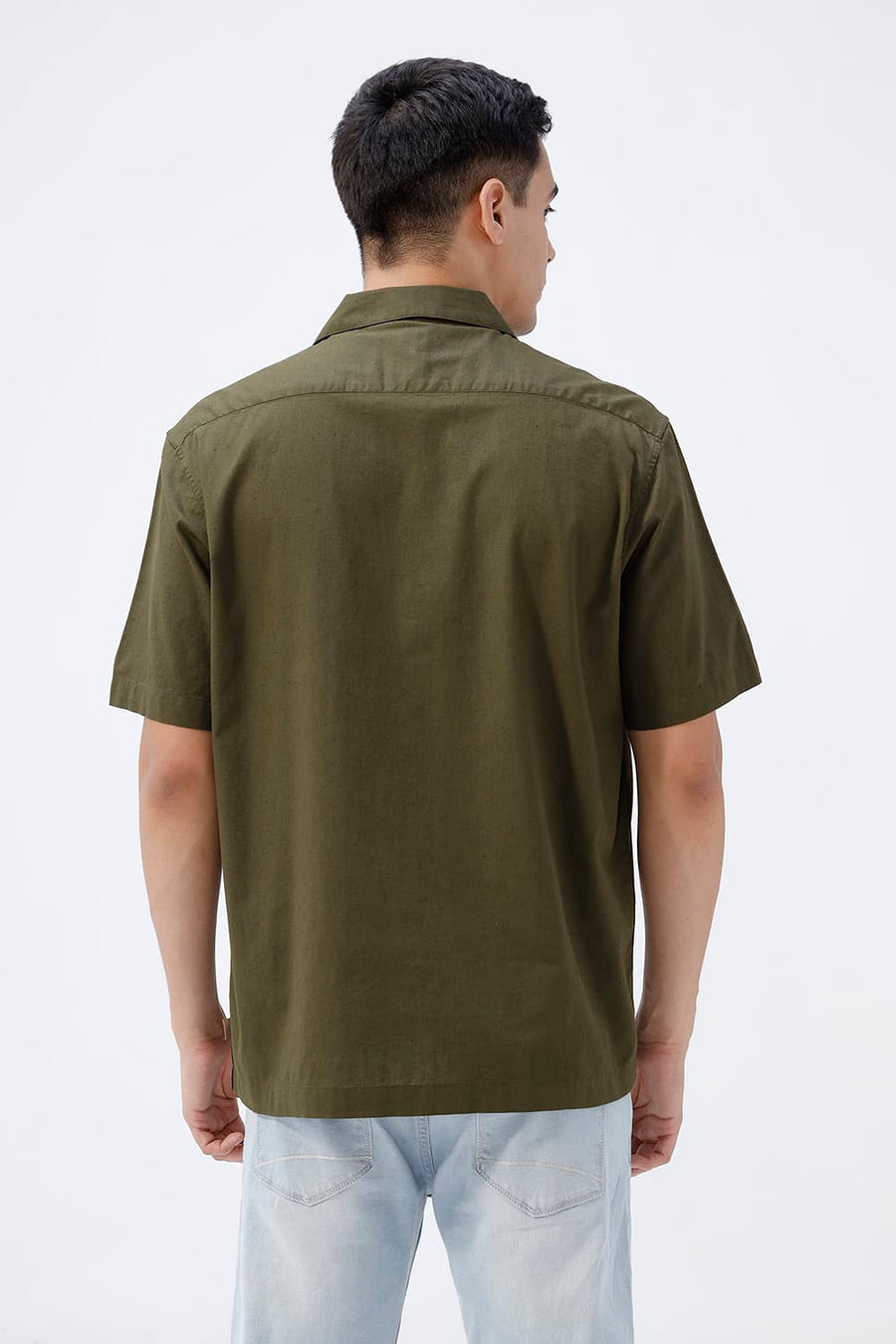 BASICS RELAXED FIT OLIVE GREEN COTTON LINEN HALFSLEEVES SHIRT