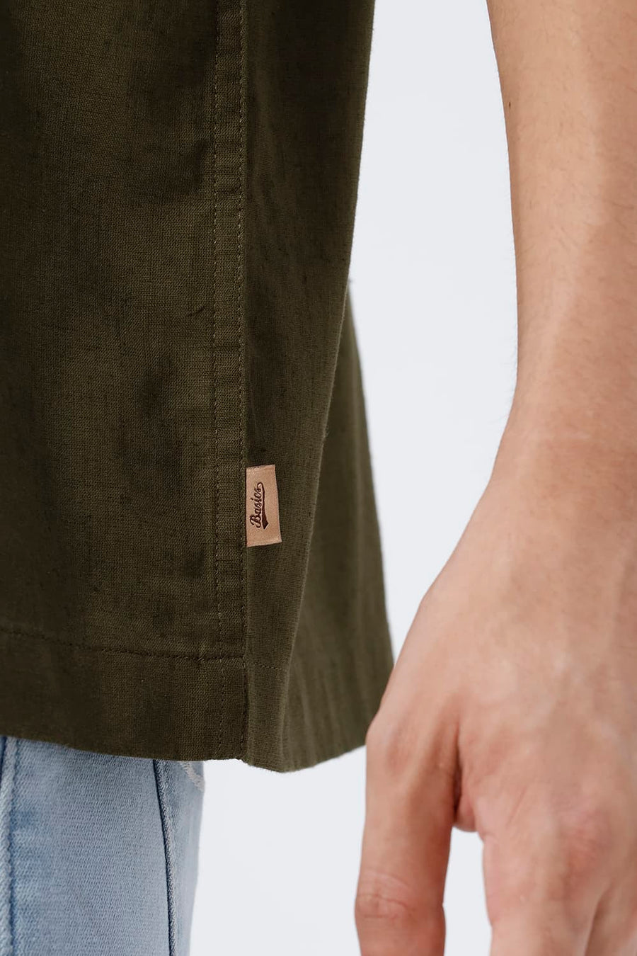 BASICS RELAXED FIT OLIVE GREEN COTTON LINEN HALFSLEEVES SHIRT