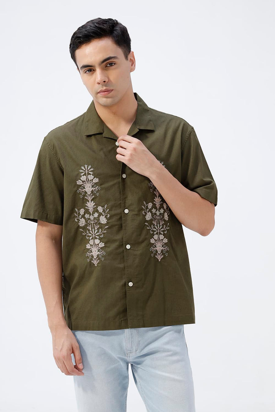 BASICS RELAXED FIT OLIVE GREEN COTTON LINEN HALFSLEEVES SHIRT