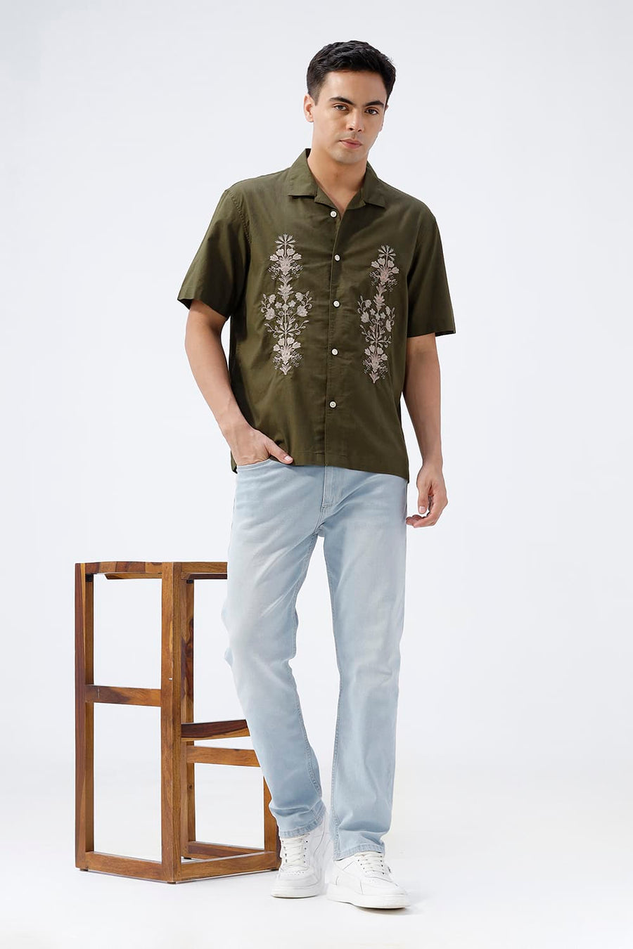 BASICS RELAXED FIT OLIVE GREEN COTTON LINEN HALFSLEEVES SHIRT