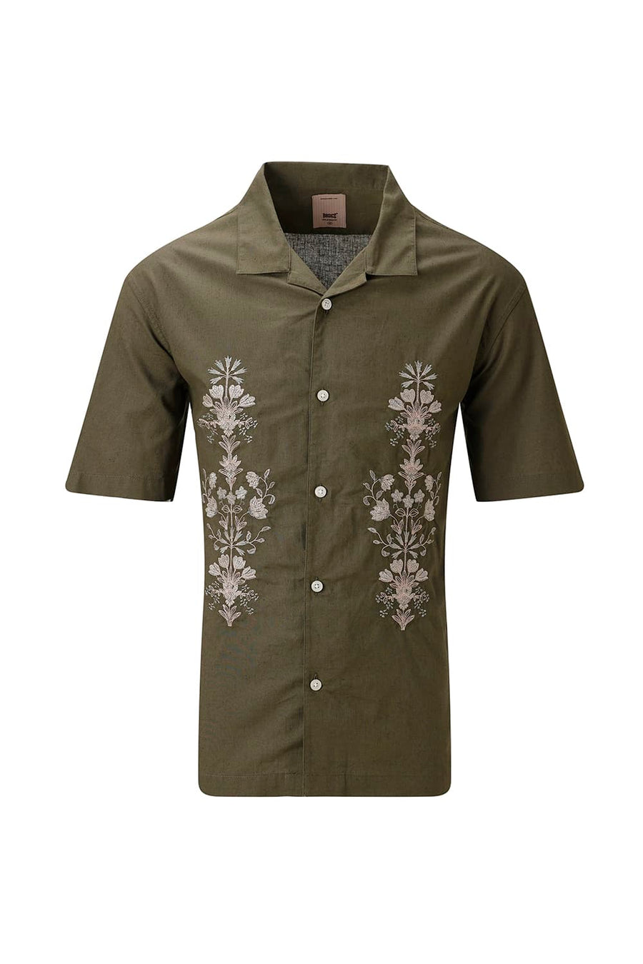 BASICS RELAXED FIT OLIVE GREEN COTTON LINEN HALFSLEEVES SHIRT