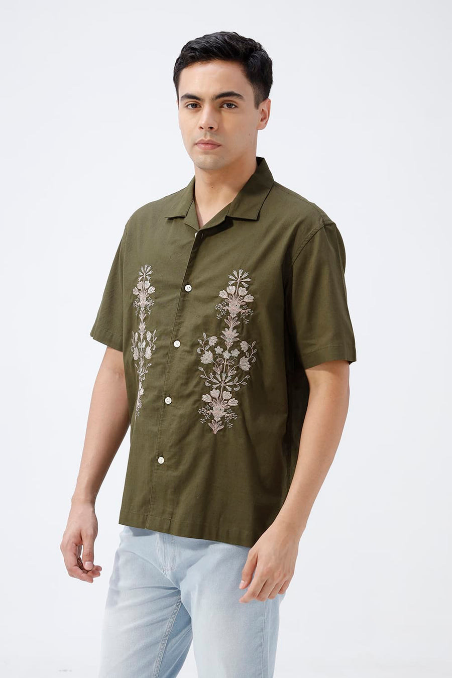 BASICS RELAXED FIT OLIVE GREEN COTTON LINEN HALFSLEEVES SHIRT