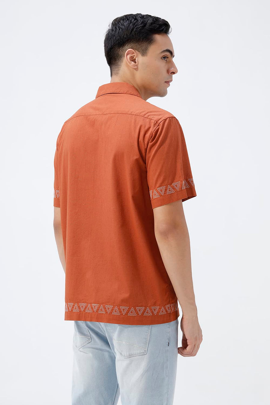 BASICS RELAXED FIT BURNT ORANGE COTTON LINEN HALFSLEEVES SHIRT