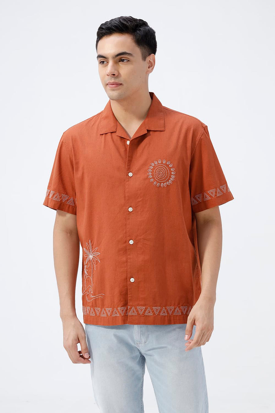 BASICS RELAXED FIT BURNT ORANGE COTTON LINEN HALFSLEEVES SHIRT