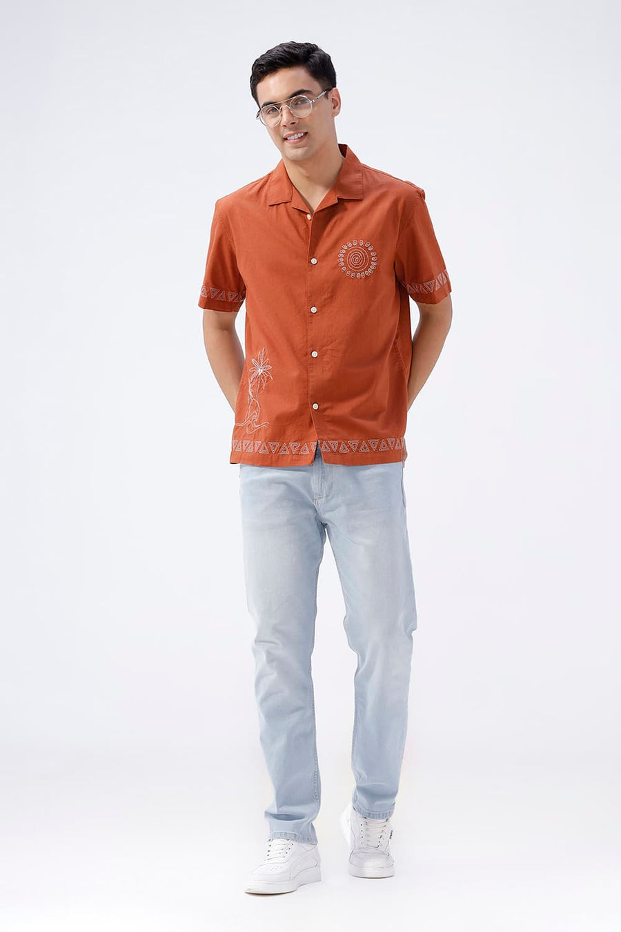 BASICS RELAXED FIT BURNT ORANGE COTTON LINEN HALFSLEEVES SHIRT