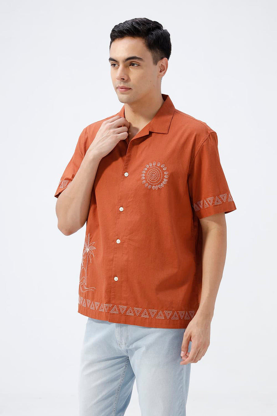 BASICS RELAXED FIT BURNT ORANGE COTTON LINEN HALFSLEEVES SHIRT
