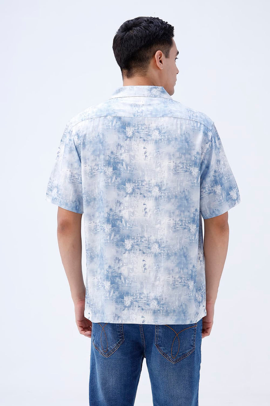 BASICS RELAXED FIT BLUE FIN COTTON VISCOSE DIGITAL PRINTED HALFSLEEVES SHIRT