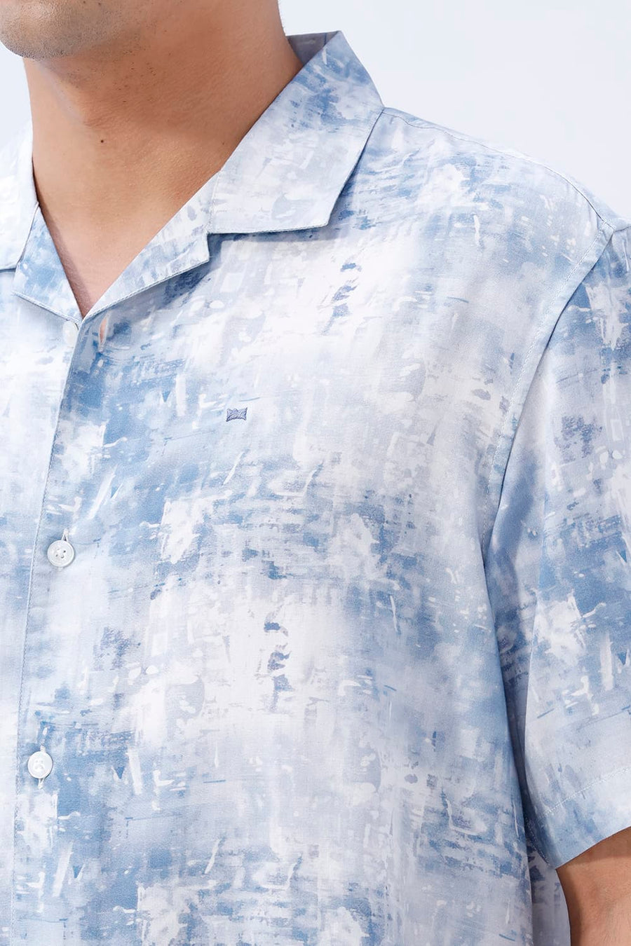 BASICS RELAXED FIT BLUE FIN COTTON VISCOSE DIGITAL PRINTED HALFSLEEVES SHIRT
