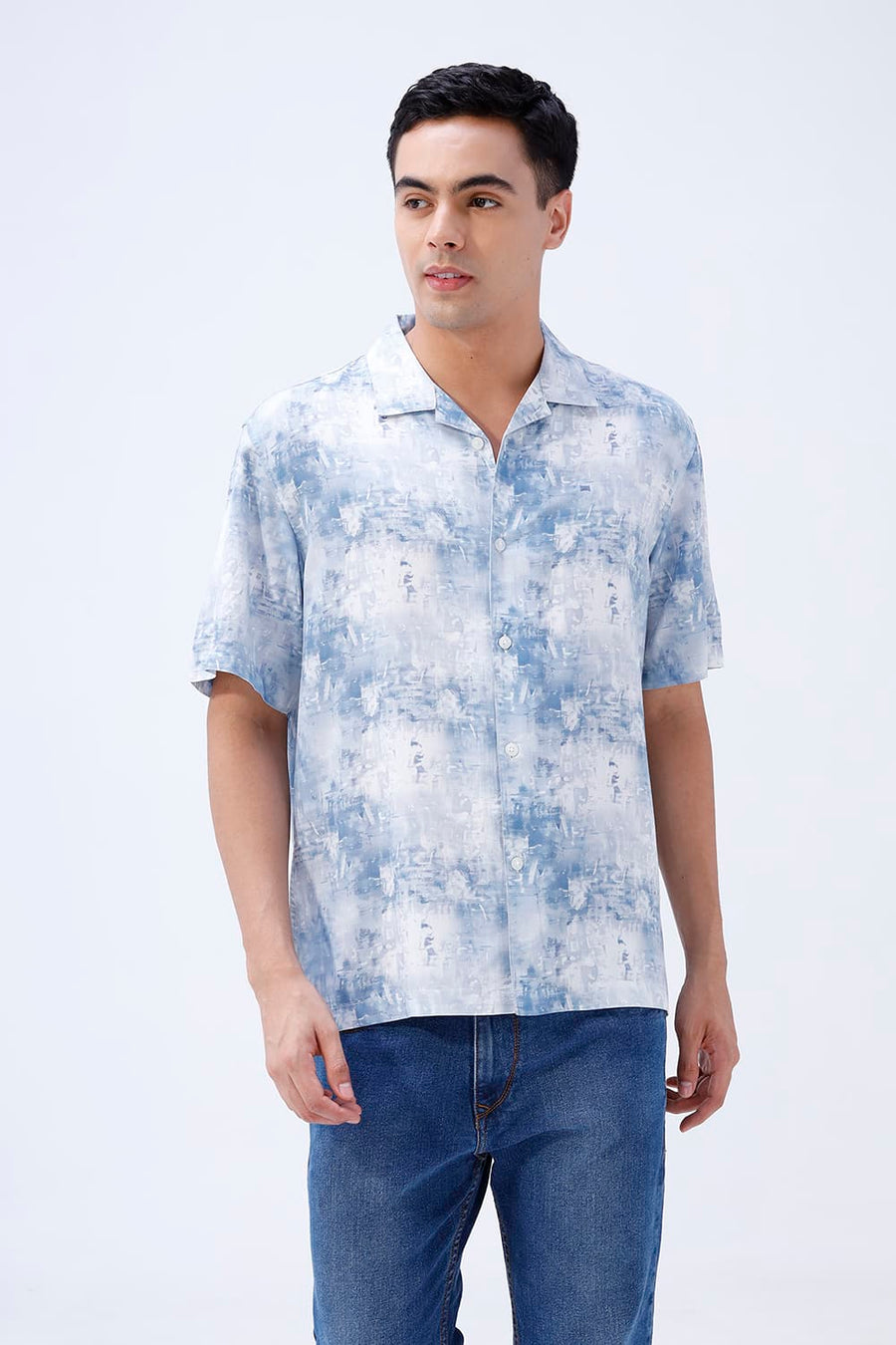 BASICS RELAXED FIT BLUE FIN COTTON VISCOSE DIGITAL PRINTED HALFSLEEVES SHIRT