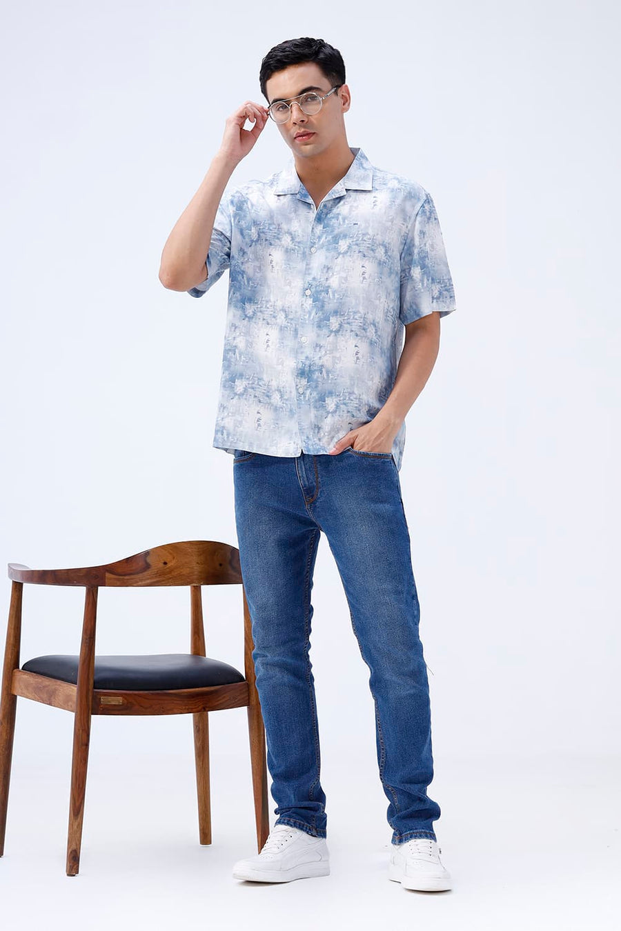BASICS RELAXED FIT BLUE FIN COTTON VISCOSE DIGITAL PRINTED HALFSLEEVES SHIRT