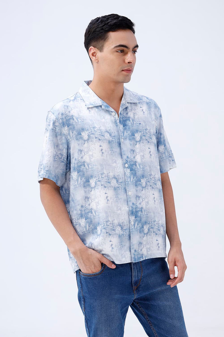 BASICS RELAXED FIT BLUE FIN COTTON VISCOSE DIGITAL PRINTED HALFSLEEVES SHIRT