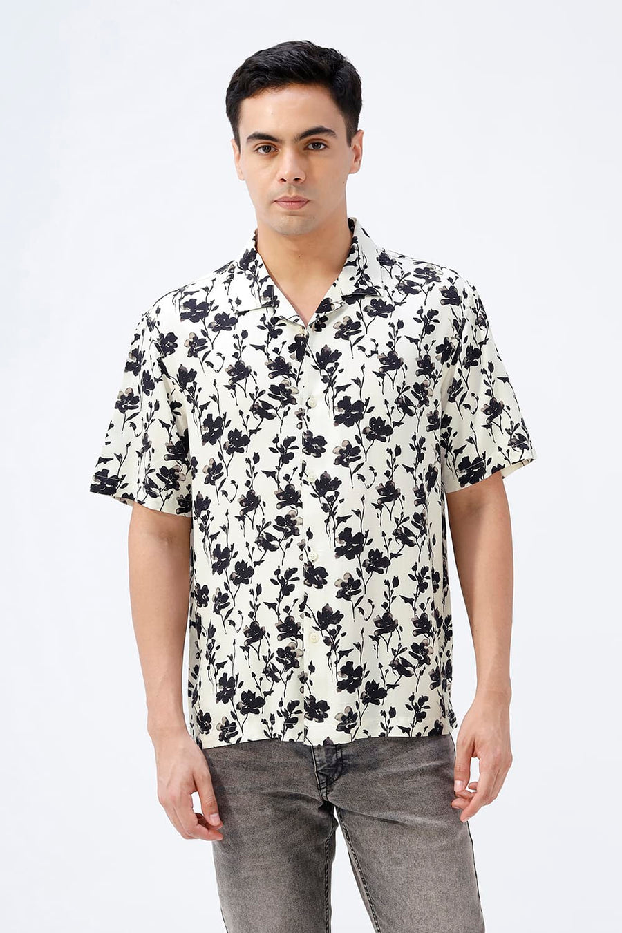 BASICS RELAXED FIT BRILLIANT WHITE COTTON VISCOSE DIGITAL PRINTED HALFSLEEVES SHIRT