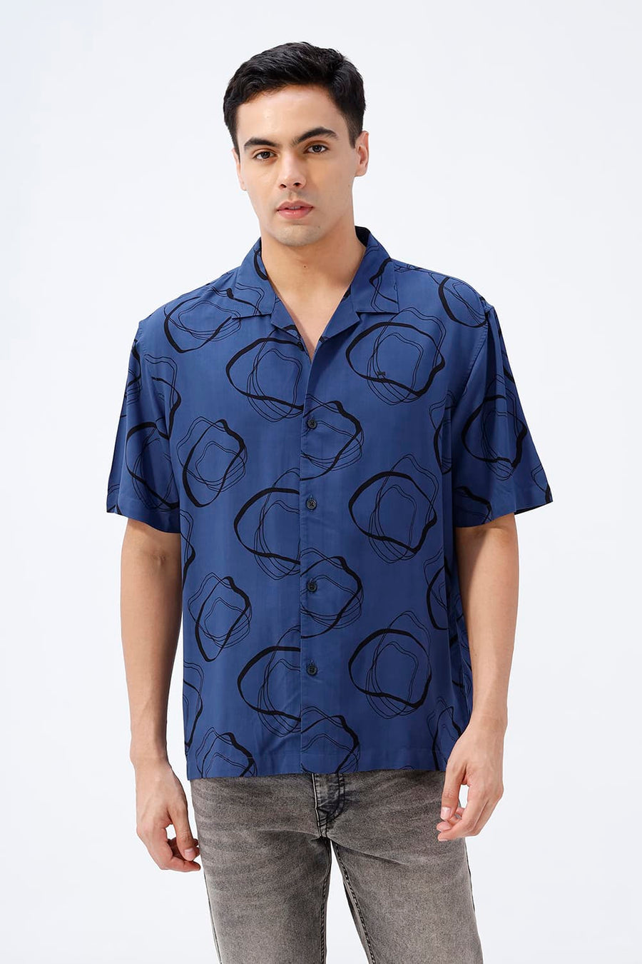 BASICS RELAXED FIT TRUE NAVY COTTON VISCOSE PRINTED HALFSLEEVES SHIRT