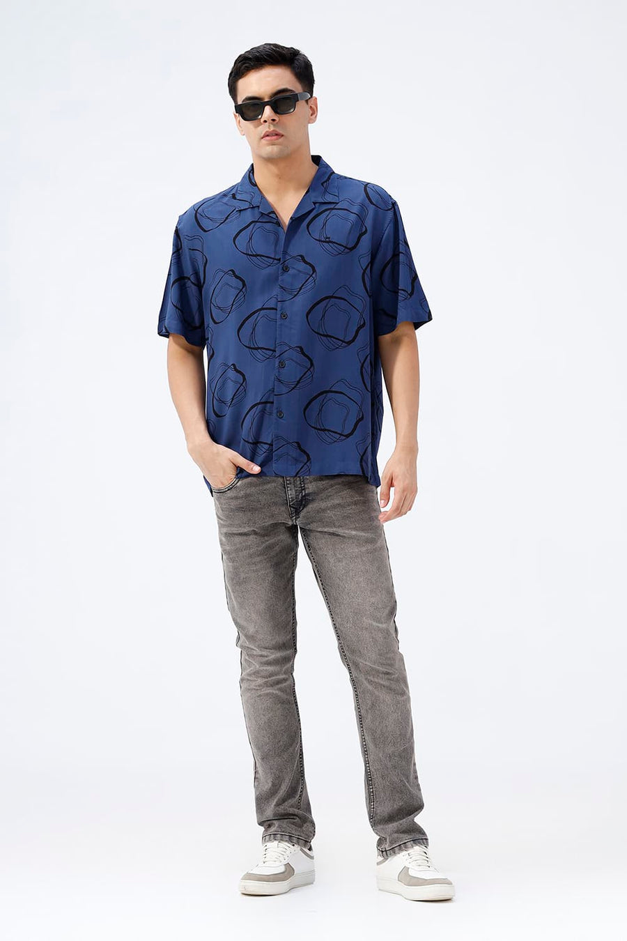 BASICS RELAXED FIT TRUE NAVY COTTON VISCOSE PRINTED HALFSLEEVES SHIRT