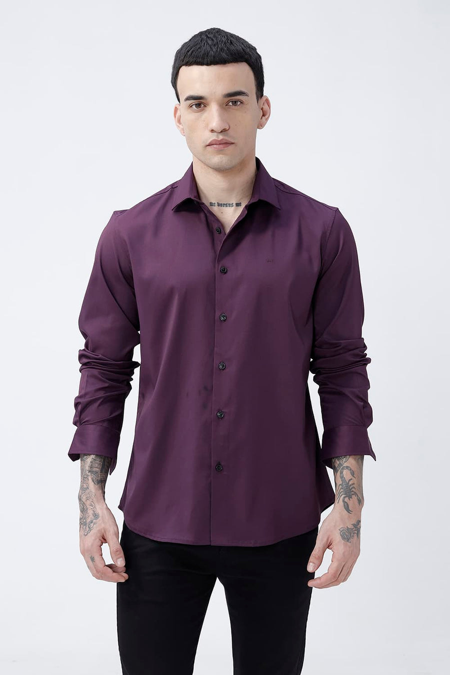 BASICS SLIM FIT POTENT WINE POLYESTER STRETCH SHIRT