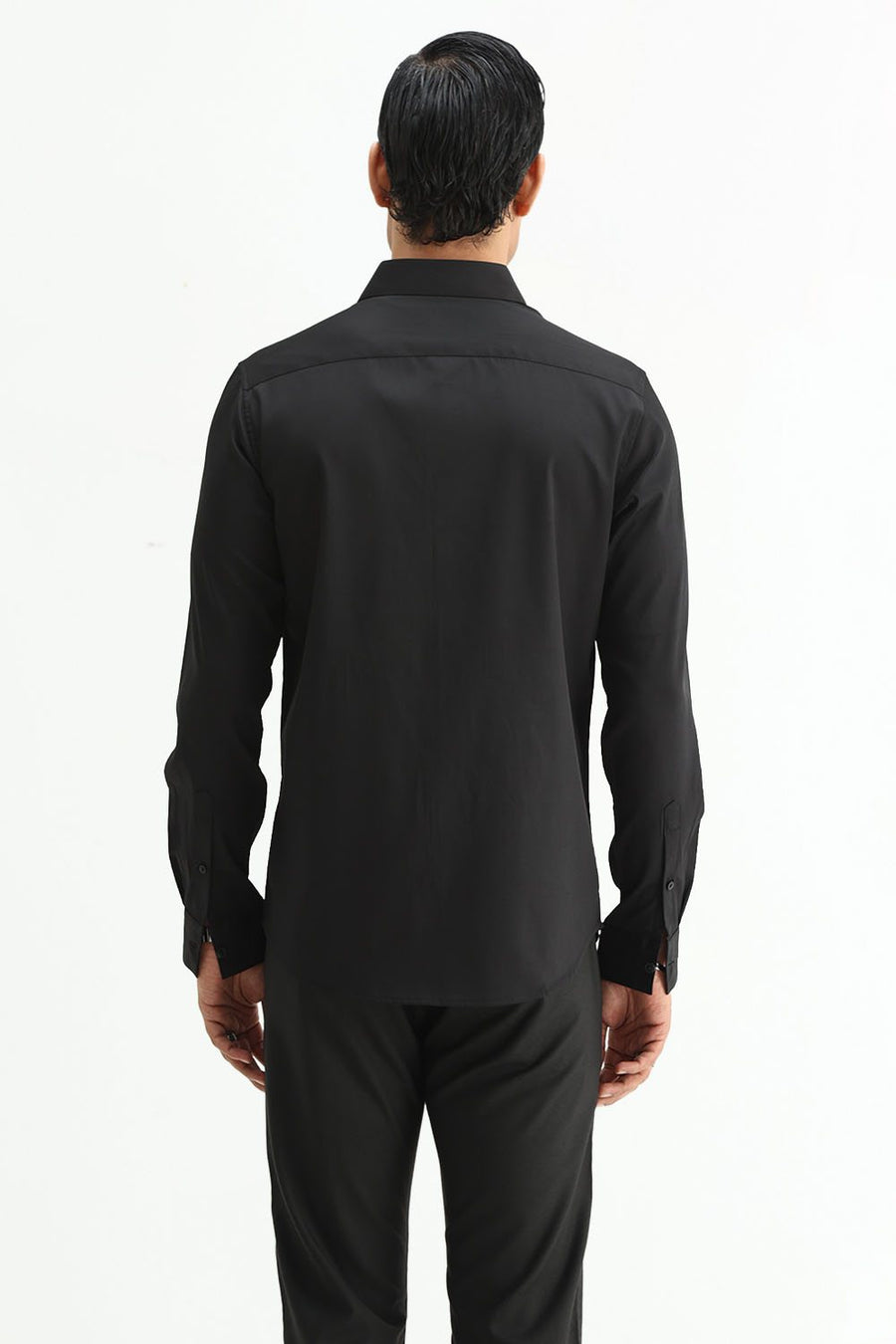 BASICS SLIM FIT NIGHT BLACK POLYESTER STRETCH SHIRT
