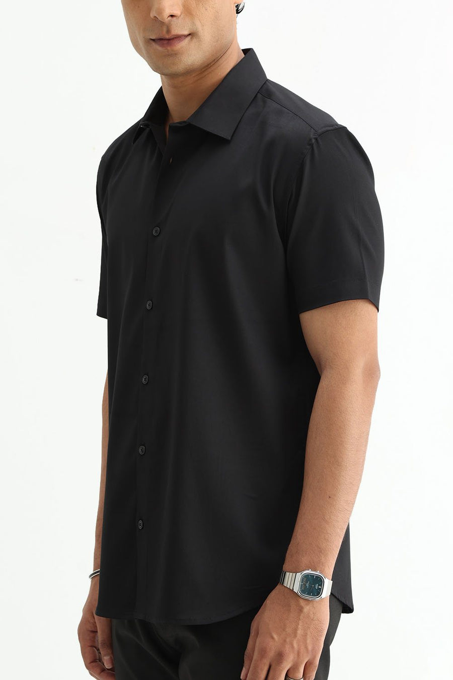 BASICS SLIM FIT NIGHT BLACK POLYESTER STRETCH SHIRT