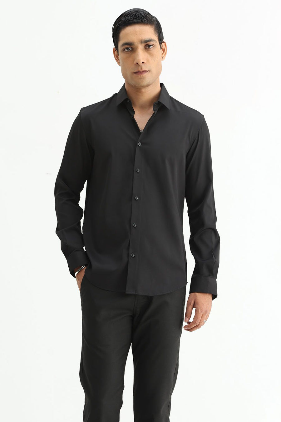 BASICS SLIM FIT NIGHT BLACK POLYESTER STRETCH SHIRT