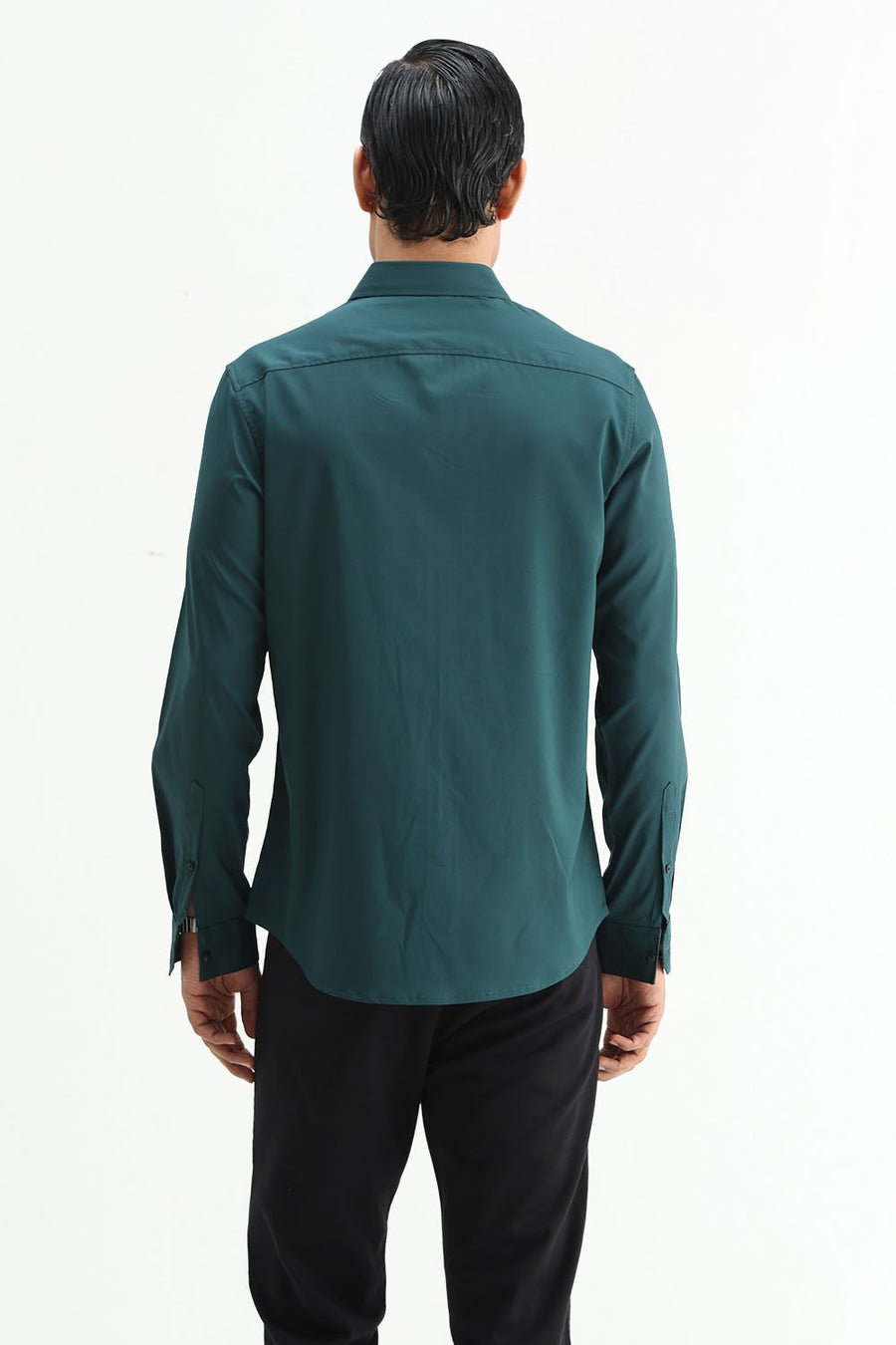 BASICS SLIM FIT DARK GREEN POLYESTER STRETCH SHIRT