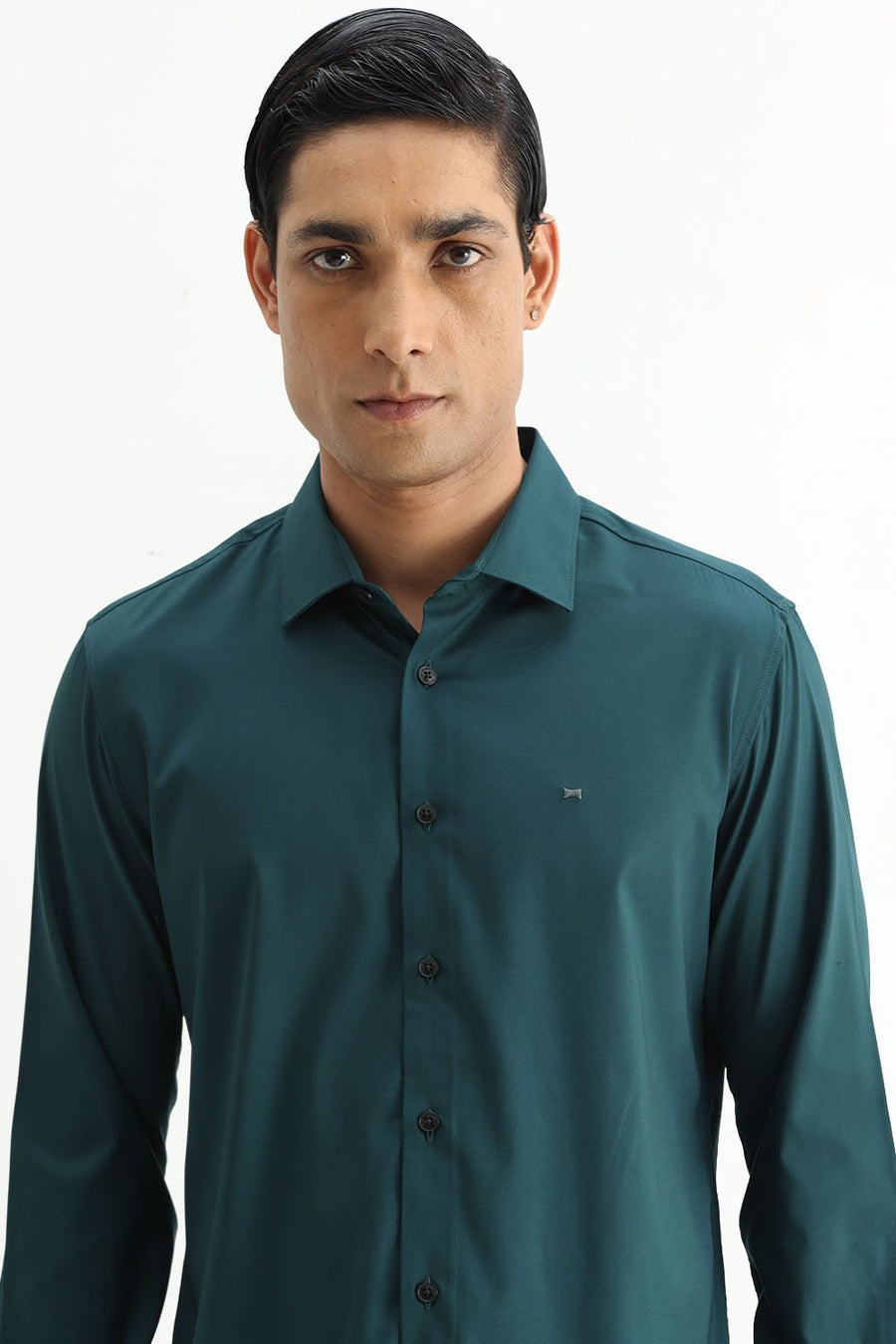 BASICS SLIM FIT DARK GREEN POLYESTER STRETCH SHIRT