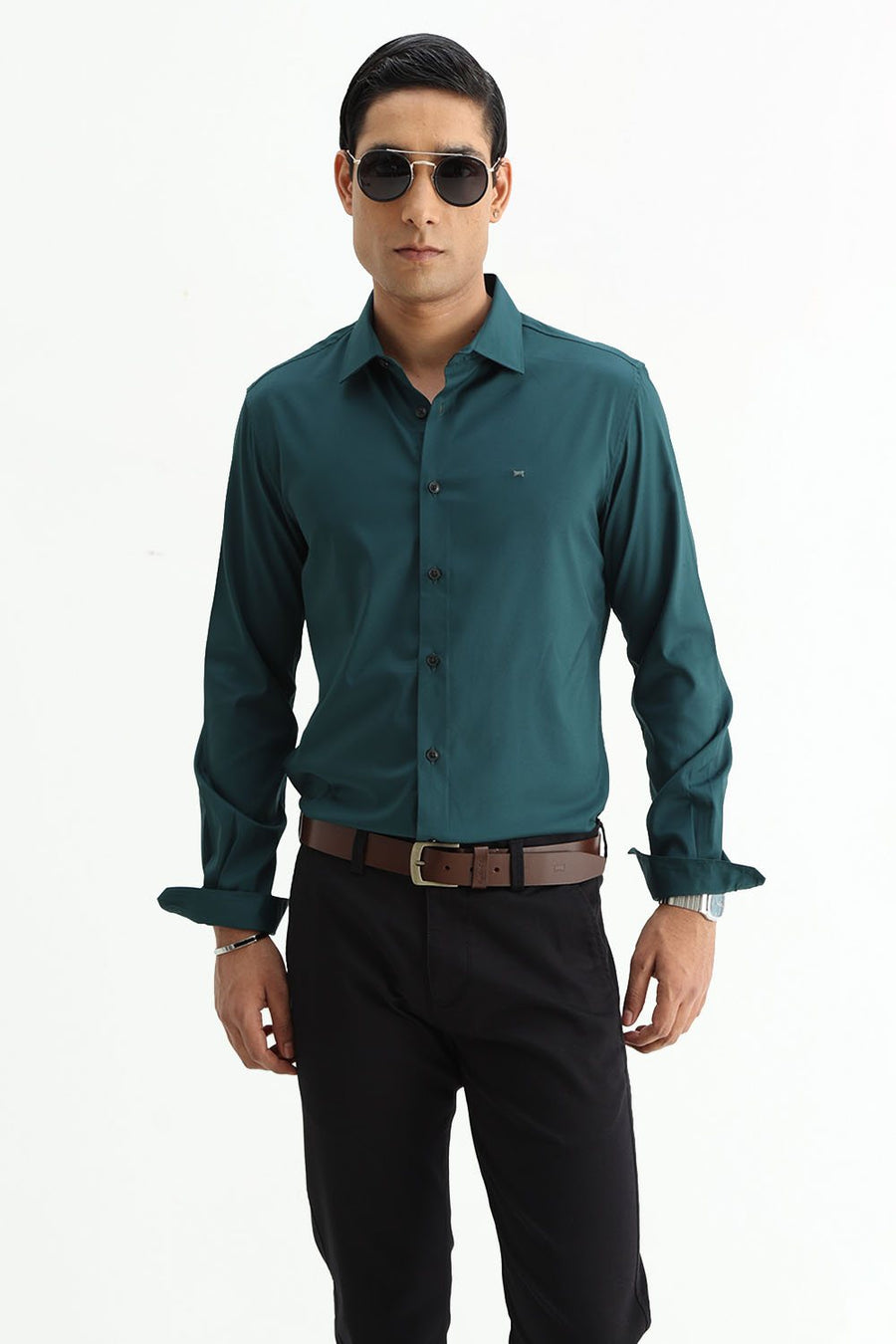 BASICS SLIM FIT DARK GREEN POLYESTER STRETCH SHIRT