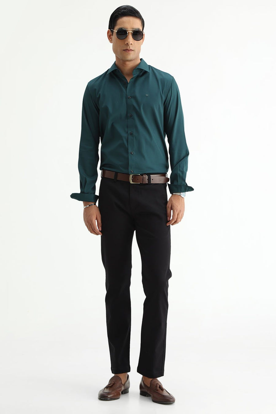 BASICS SLIM FIT DARK GREEN POLYESTER STRETCH SHIRT