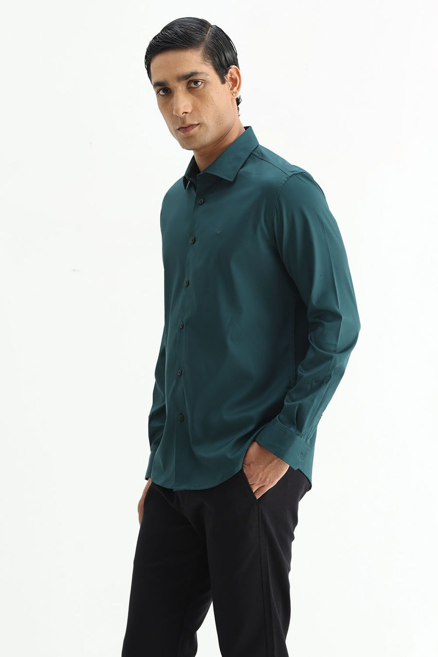 BASICS SLIM FIT DARK GREEN POLYESTER STRETCH SHIRT