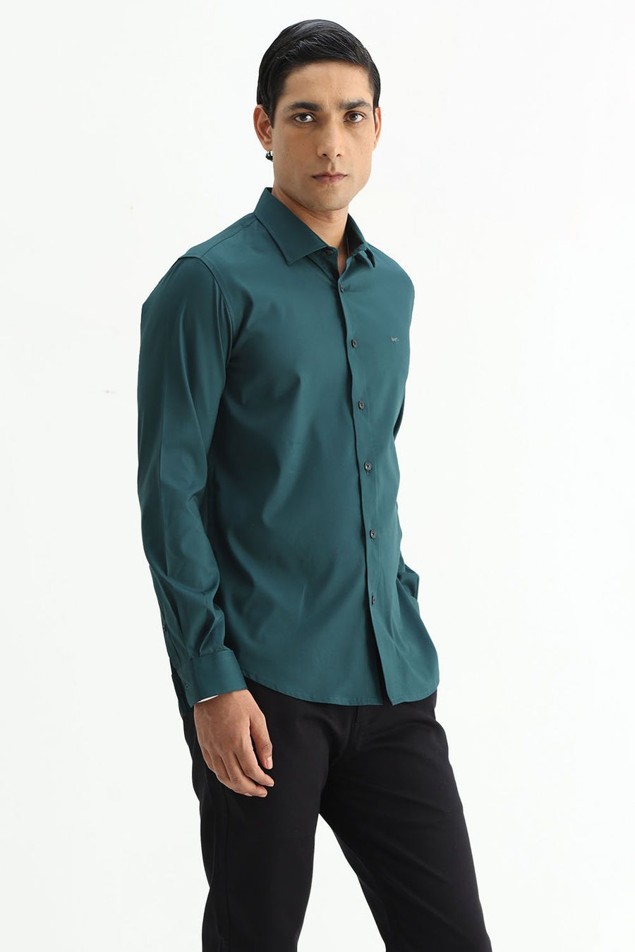 BASICS SLIM FIT DARK GREEN POLYESTER STRETCH SHIRT