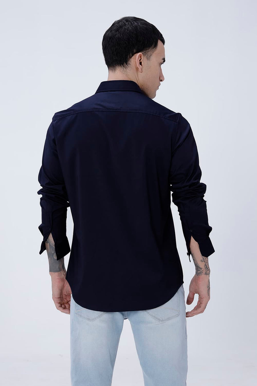 BASICS SLIM FIT DARK NAVY POLYESTER STRETCH SHIRT