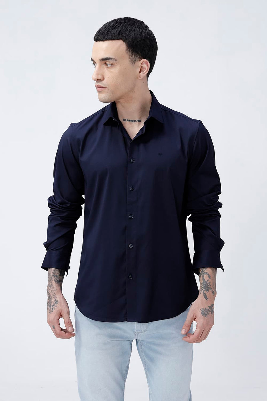 BASICS SLIM FIT DARK NAVY POLYESTER STRETCH SHIRT