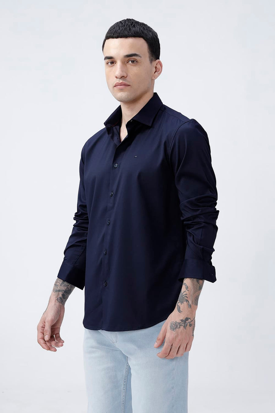 BASICS SLIM FIT DARK NAVY POLYESTER STRETCH SHIRT