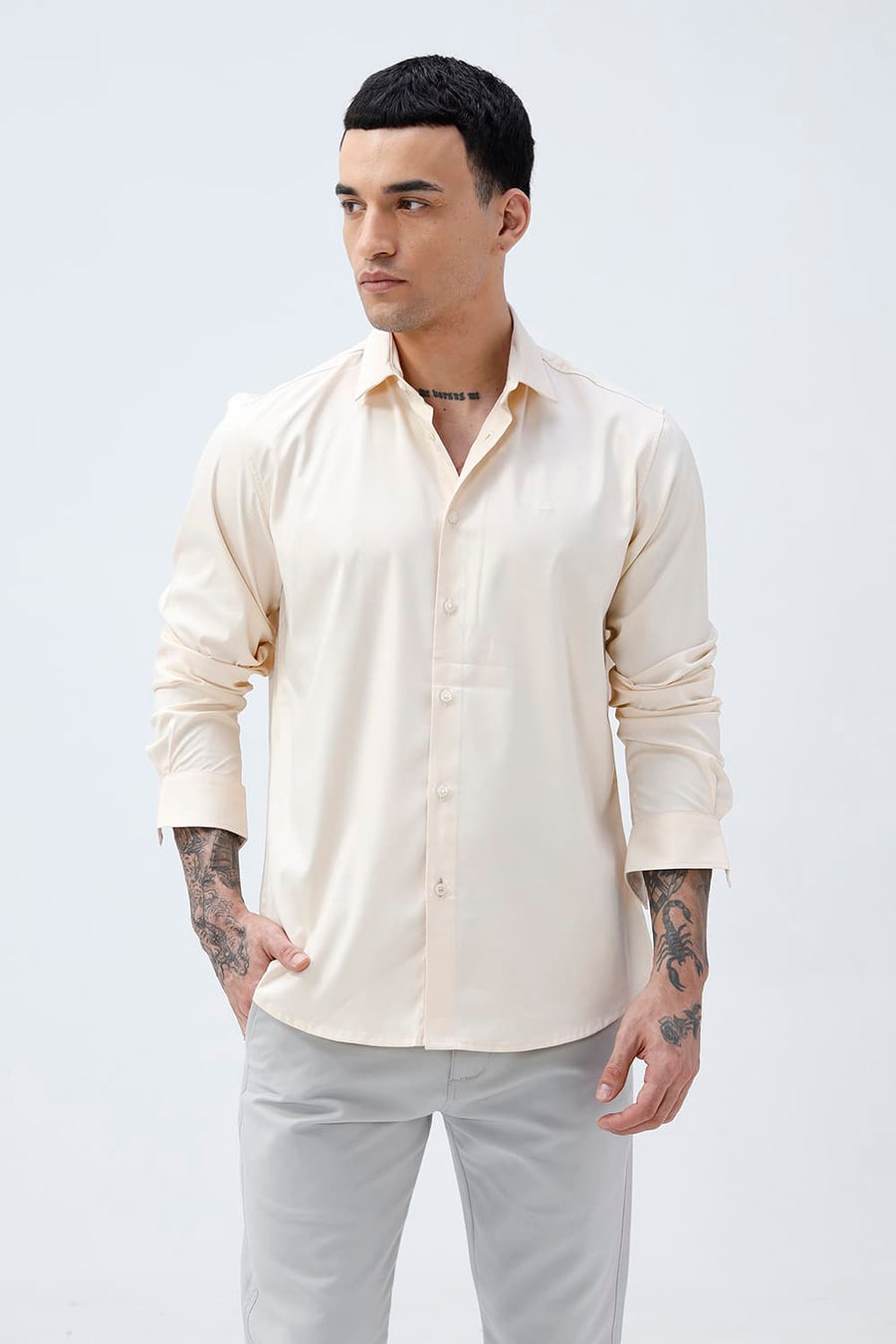 BASICS SLIM FIT AFTERGLOW BEIGE POLYESTER STRETCH SHIRT